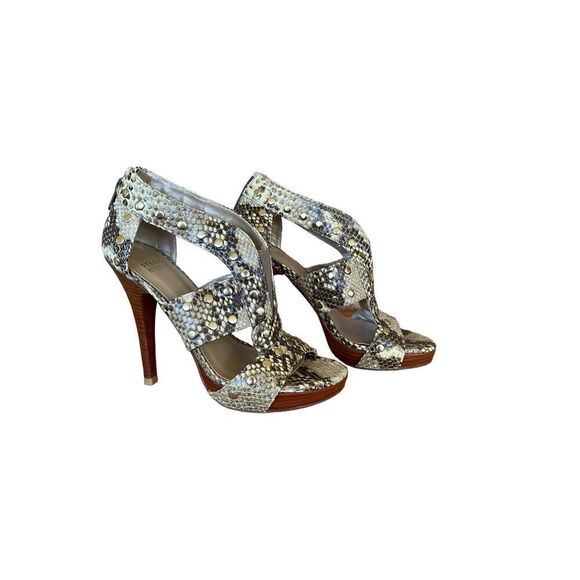 Stuart Weitzman Womens Brown Airforce Roccia Serpent Snake Heeled Sandal Size 5M - Picture 1 of 7